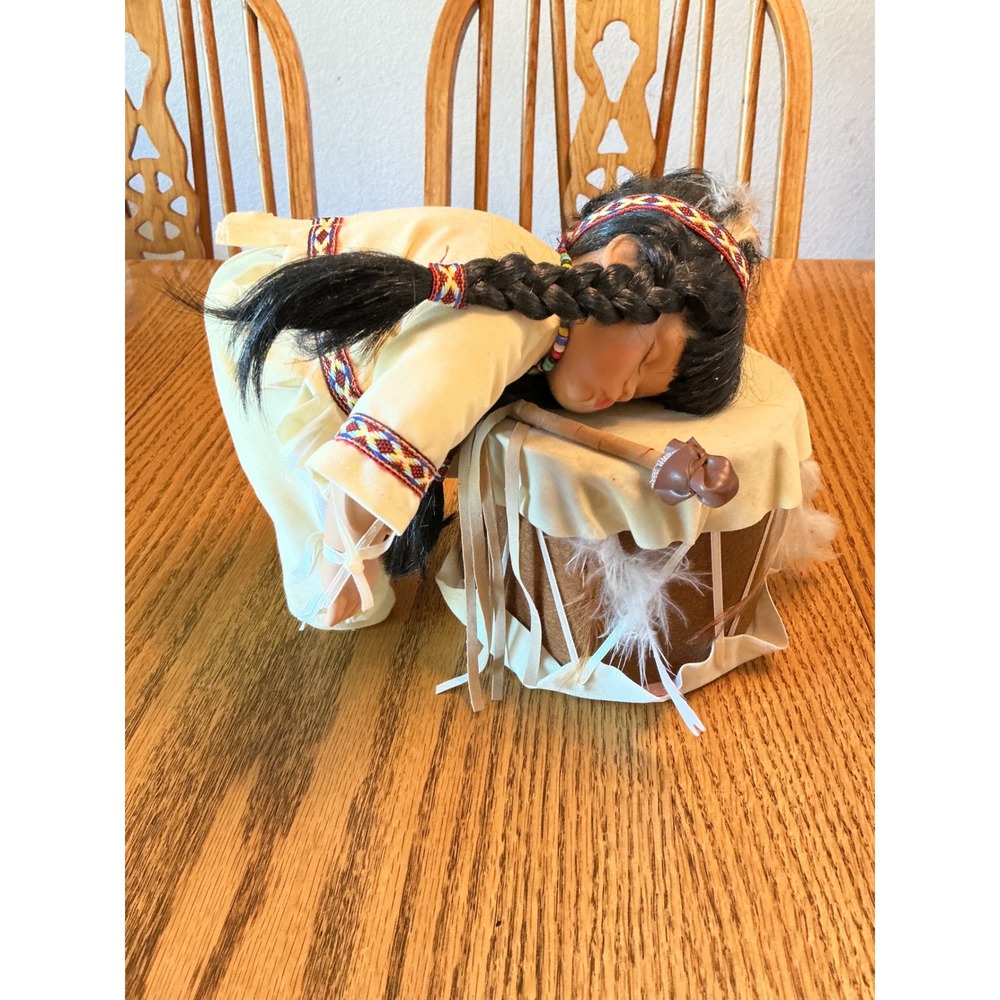Vintage The Emerald Doll Native American Porcelain Sleeping Doll  Drum Mallet